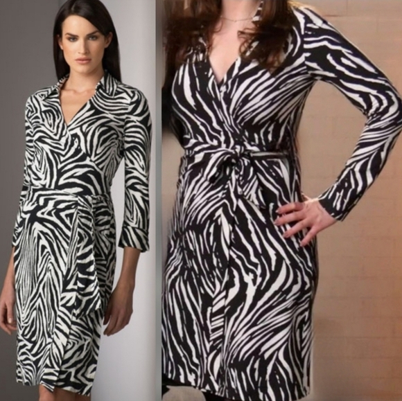 Diane Von Furstenberg Black & White Long Sleeve Animal Print Midi Wrap Dress - Picture 14 of 16